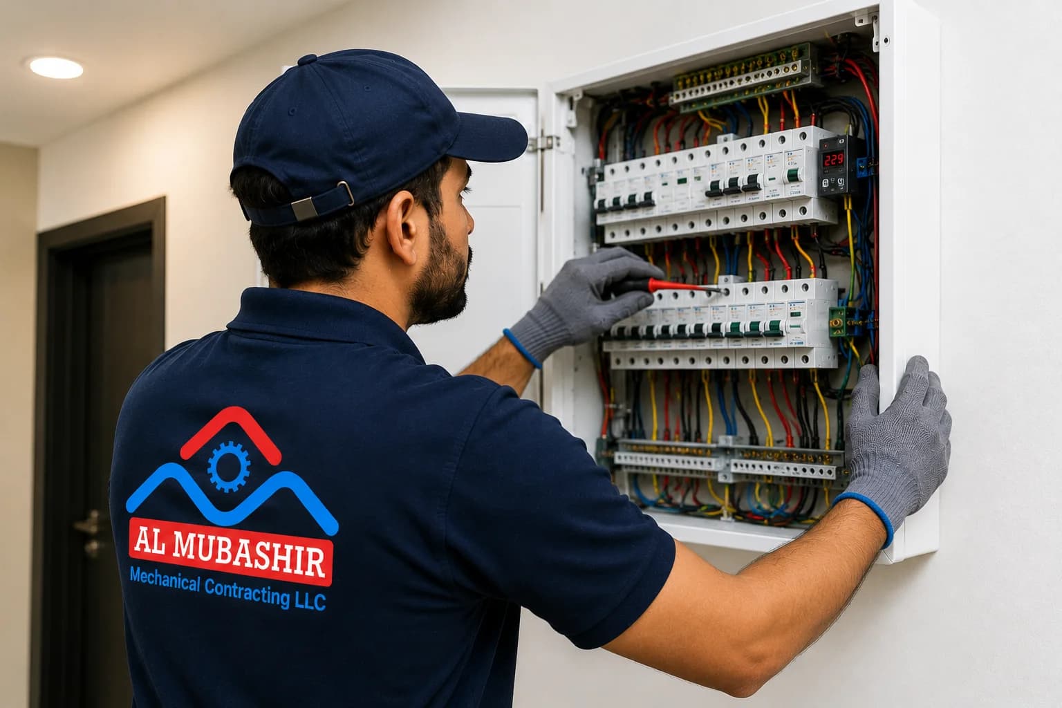 Al Mubashir electrician inspecting a distribution board during an electrical maintenance check in the UAE