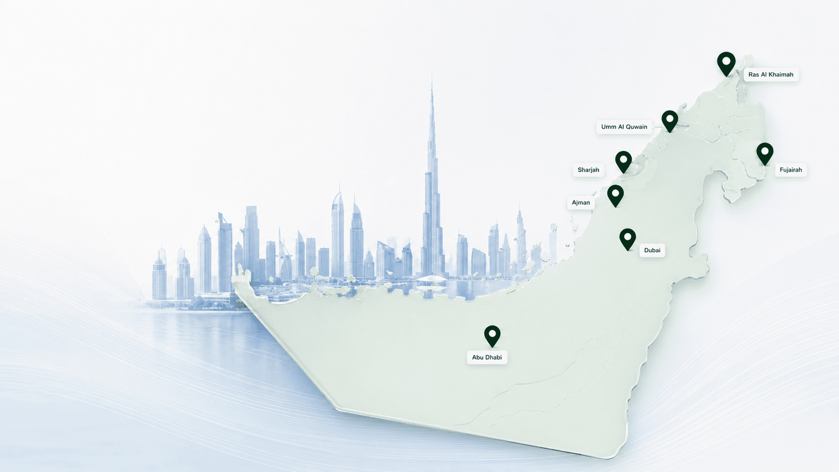 UAE map showing Al Mubashir coverage, Dubai, Abu Dhabi, Sharjah, Ajman, Umm Al Quwain, Ras Al Khaimah, Fujairah